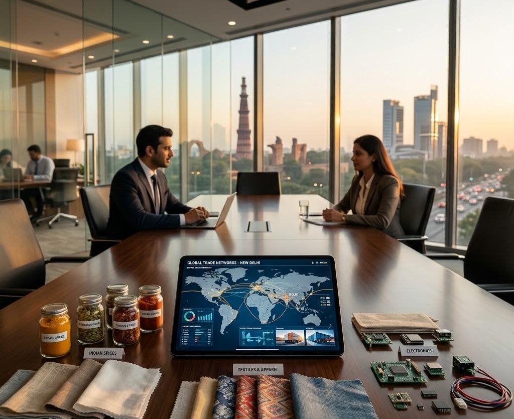 Crestline trade desk meeting in a New Delhi office, with spice, textile and electronics samples on the table