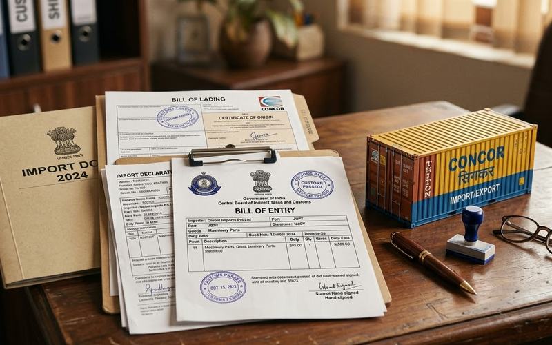 Bill of entry, bill of lading and certificate of origin on a desk beside a model shipping container