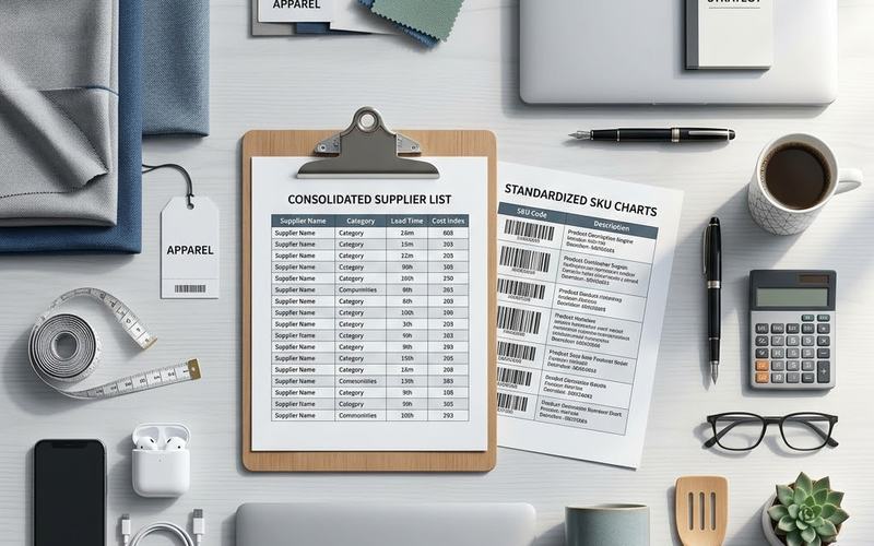Flat lay of apparel swatches, supplier lists, SKU charts and electronics used for multi-category sourcing