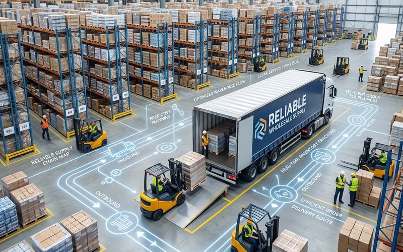 Warehouse with racked stock, forklifts and a truck being loaded for wholesale dispatch