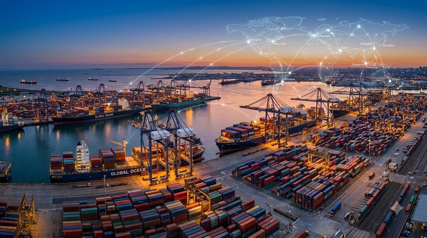 Container port at dusk with cargo ships, gantry cranes and stacked shipping containers